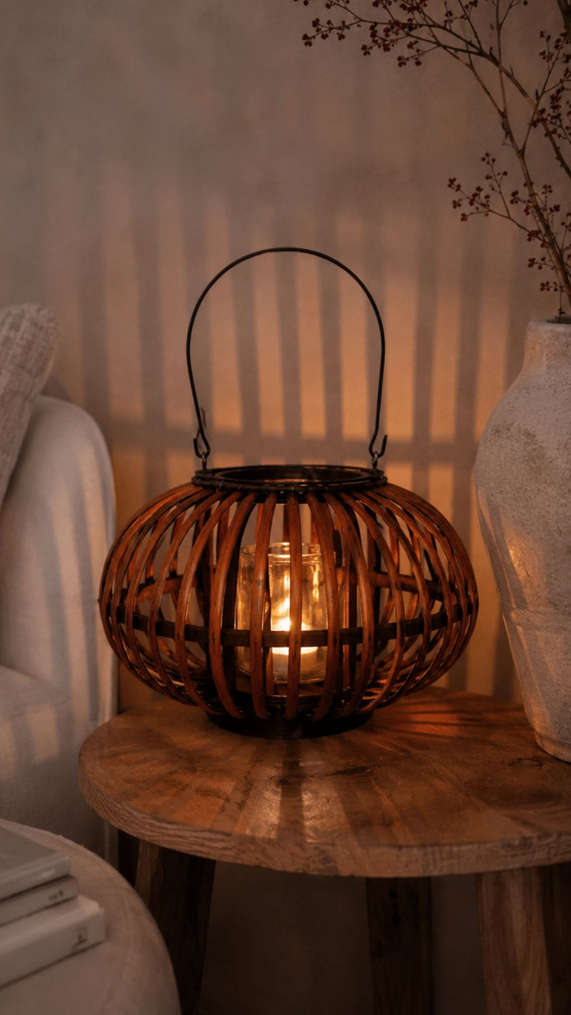 Windlicht met houten frame – Naturel/Donkerbruin