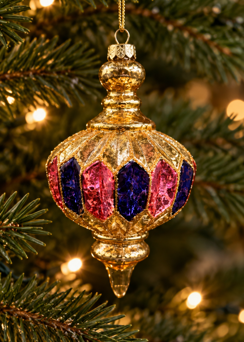 Glazen kerstornament goud met roze en paars