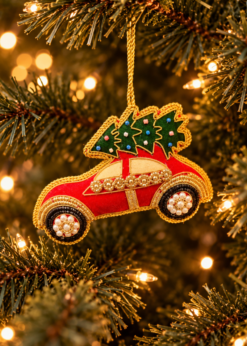 Kerstornament auto met kerstboom