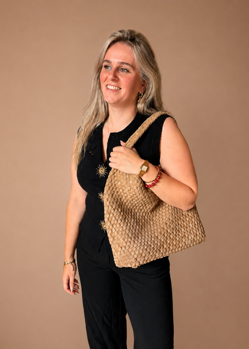 Gevlochten schoudertas - army green & beige