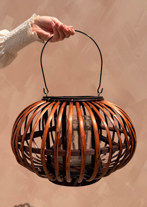 Windlicht met houten frame – Naturel/Donkerbruin