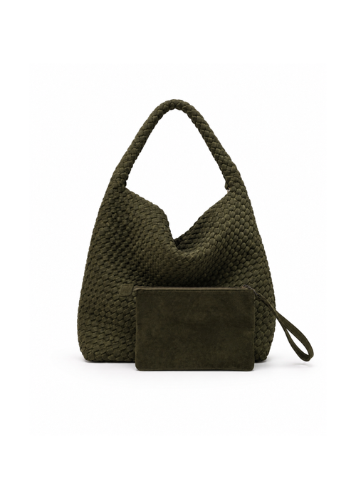 Gevlochten schoudertas - army green & beige