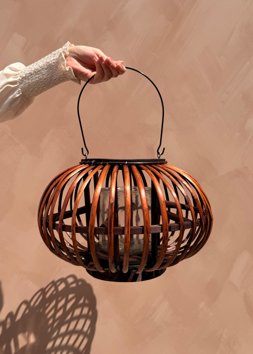 Windlicht met houten frame – Naturel/Donkerbruin