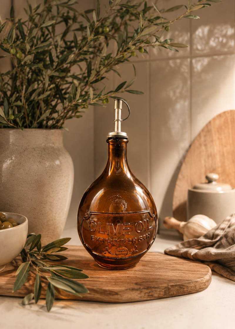 Glazen olijfoliefles amber met schenktuit