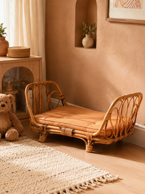 Rotan poppenbedje met matras