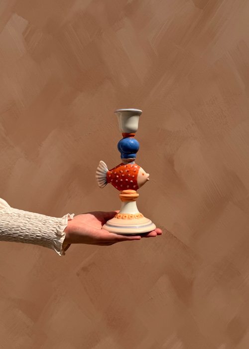 Kandelaar met vis – Oranje, blauw & crème