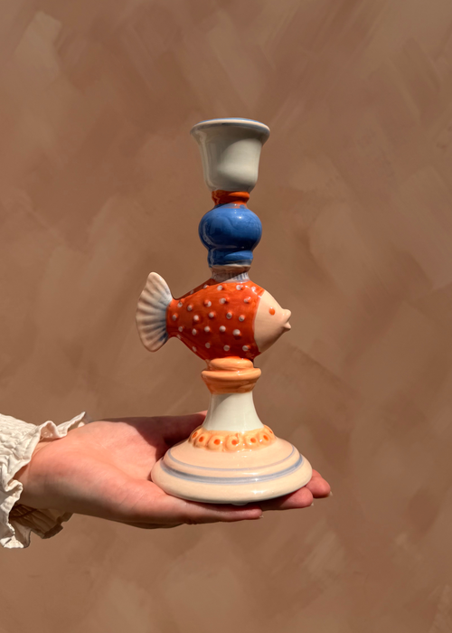Kandelaar met vis – Oranje, blauw & crème