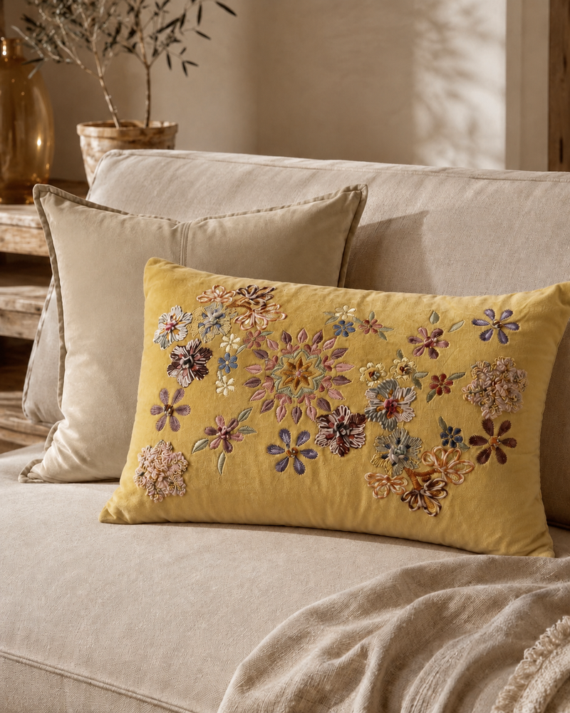 Geel kussen met geborduurde bloemen