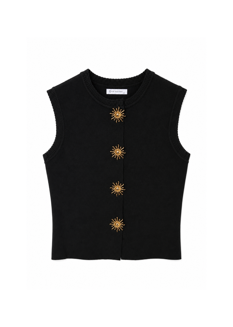 Mouwloze top met zonknopen – Zwart
