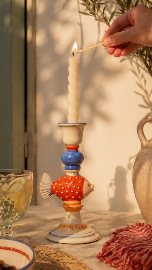 Kandelaar met vis – Oranje, blauw & crème
